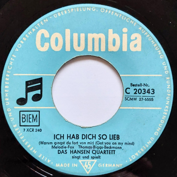 Cover Das Hansen-Quartett - Ich Hab Dich So Lieb (7, Single, Mono, RP) Schallplatten Ankauf