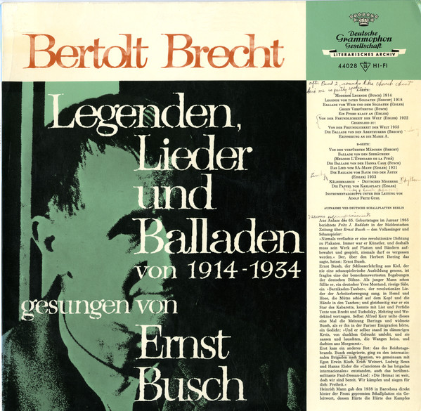 Cover Ernst Busch - Bertolt Brecht - Legenden, Lieder Und Balladen Von 1914-1934 Gesungen Von Ernst Busch (LP, Mono) Schallplatten Ankauf