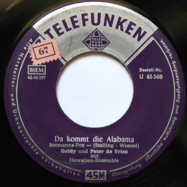 Cover Goldy Und Peter De Vries - Da Kommt Die Alabama / Schiff Ahoi (7, Single) Schallplatten Ankauf