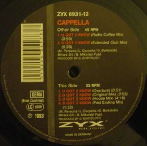 Cover Cappella - U Got 2 Know (12) Schallplatten Ankauf