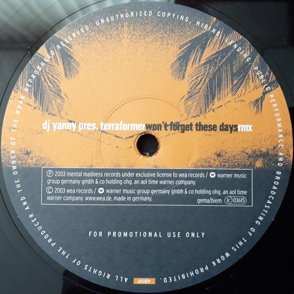 Bild DJ Yanny Pres. Terraformer - Won't Forget These Days (Remixes) (12, Promo) Schallplatten Ankauf