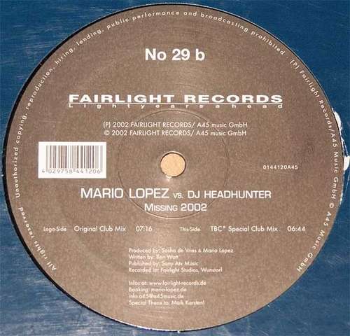 Cover Mario Lopez vs. DJ Headhunter - Missing 2002 (12) Schallplatten Ankauf