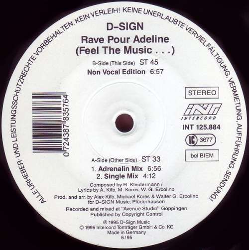 Cover D-Sign - Rave Pour Adeline (Feel The Music...) (12) Schallplatten Ankauf