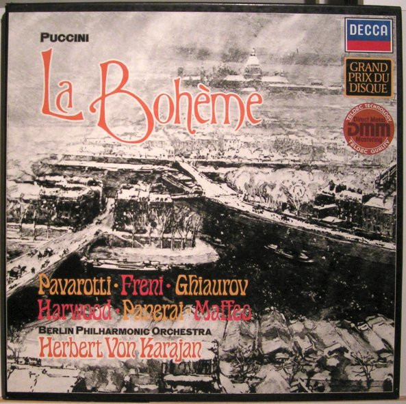 Cover Puccini* - Pavarotti* · Freni* · Ghiaurov* · Harwood* · Panerai* · Maffeo* · Berlin Philharmonic Orchestra* · Herbert von Karajan - La Bohème (2xLP, RE, DMM + Box) Schallplatten Ankauf