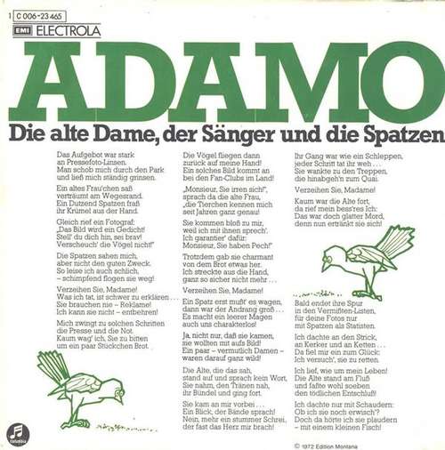 Cover Adamo - Die Alte Dame, Der Sänger Und Die Spatzen (7, Single) Schallplatten Ankauf