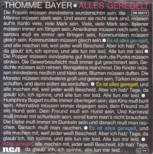 Cover Thommie Bayer - Alles Geregelt (7, Single) Schallplatten Ankauf