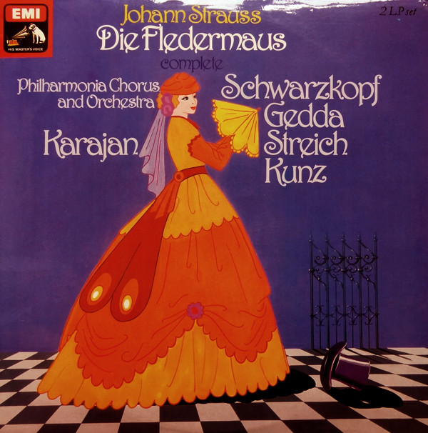 Cover Johann Strauss*, Philharmonia Orchestra, Philharmonia Chorus, Karajan*, Schwarzkopf*, Gedda*, Streich*, Kunz* - Die Fledermaus (2xLP, Mono, RE, RP) Schallplatten Ankauf