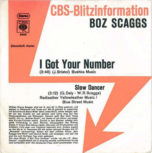 Cover Boz Scaggs - I Got Your Number / Slow Dancer (7, Single, Promo) Schallplatten Ankauf