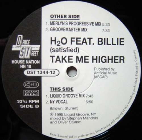 Cover H2O Feat. Billie - Satisfied (Take Me Higher) (12) Schallplatten Ankauf