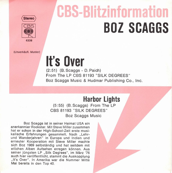 Cover Boz Scaggs - It's Over (7, Single, Promo) Schallplatten Ankauf