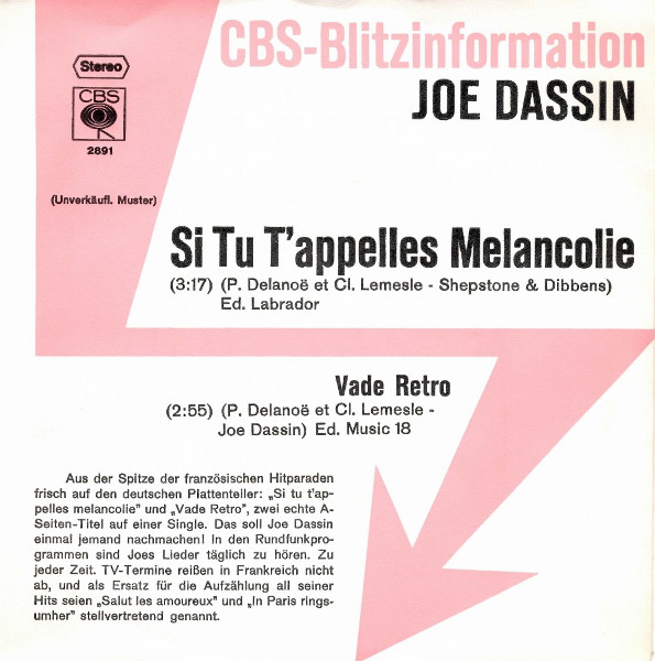 Bild Joe Dassin - Si Tu T'appelles Mélancolie (7, Single, Promo) Schallplatten Ankauf