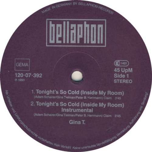 Cover Gina T. - Tonight's So Cold (12, Maxi) Schallplatten Ankauf