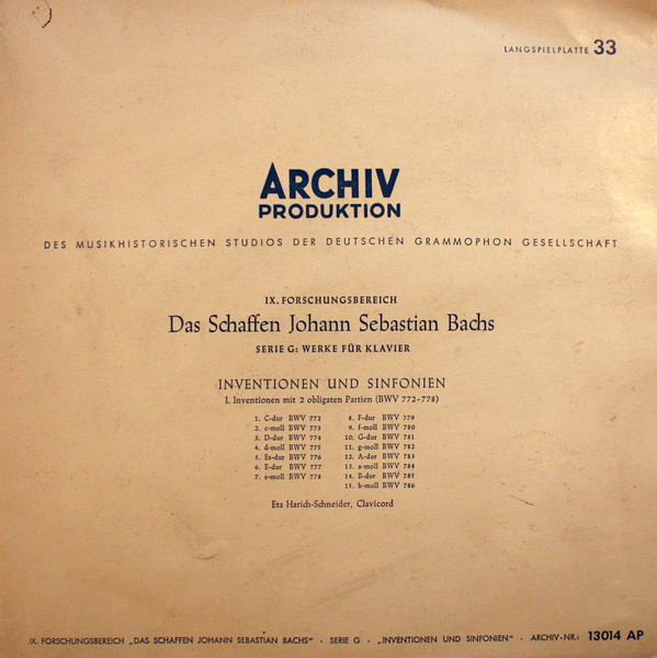 Cover Johann Sebastian Bach - Inventionen Und Sinfonien     I. Inventionen Mit 2 Obligaten Partien (BWV 772-778) (10, Mono) Schallplatten Ankauf