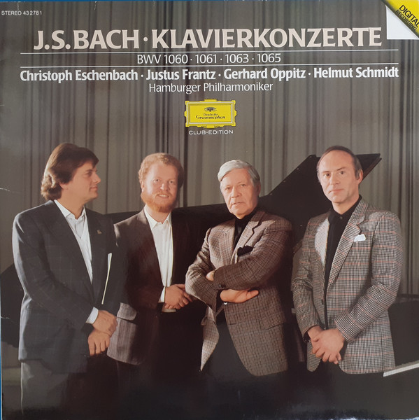 Cover J.S. Bach* - Christoph Eschenbach - Helmut Schmidt - Justus Frantz - Gerhard Oppitz - Philharmoniker Hamburg* - J.S. Bach · Klavierkonzerte - Piano Concertos BWV 1060 - 1061 - 1063 - 1065 (LP, Album, Club) Schallplatten Ankauf