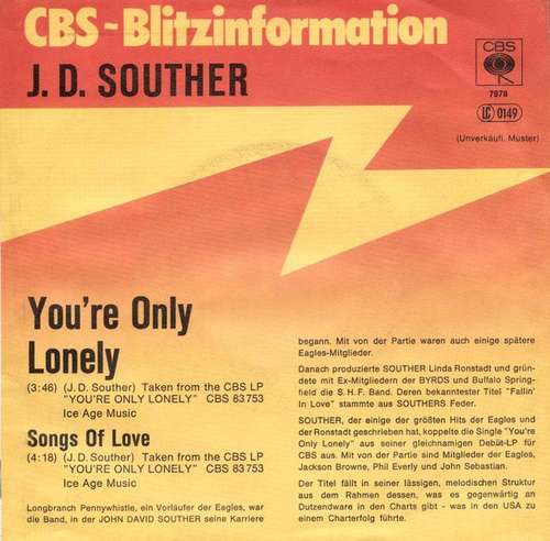 Cover J. D. Souther* - You're Only Lonely (7, Single, Promo) Schallplatten Ankauf