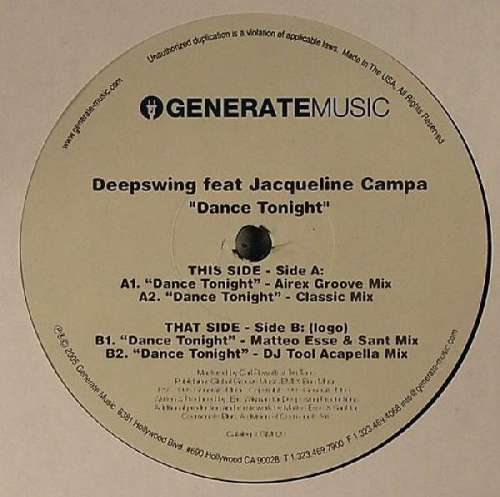 Cover Deepswing* Feat Jacqueline Campa - Dance Tonight (12) Schallplatten Ankauf