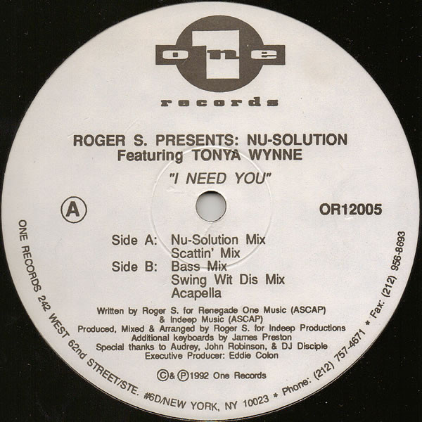 Cover Roger S.* Presents Nu-Solution Featuring Tonya Wynne - I Need You (12) Schallplatten Ankauf