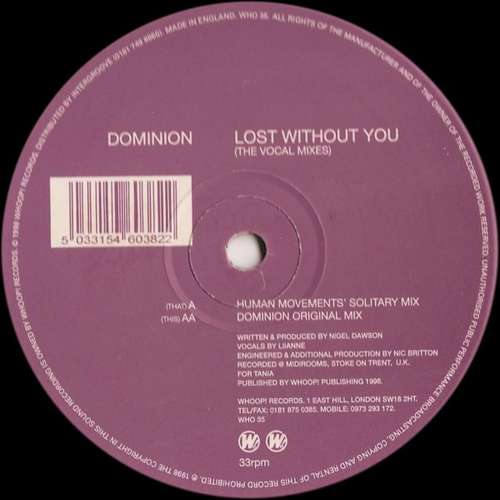 Cover Dominion - Lost Without You (The Vocal Mixes) (12) Schallplatten Ankauf