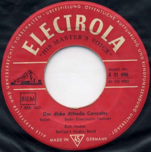 Cover Ruth Fischer - Der Dicke Alfredo Conzales / Komm Heute Nacht  (7, Single) Schallplatten Ankauf