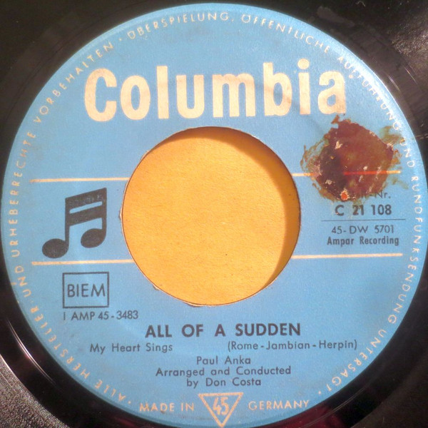 Bild Paul Anka - All Of A Sudden (7, Single, Mono) Schallplatten Ankauf