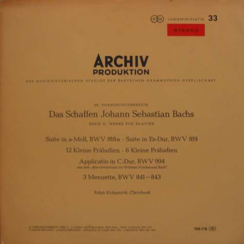 Cover Johann Sebastian Bach - Suite In A-Moll, BWV 818a, Suite In Es-Dur, BWV 819, 12 Kleine Präludien, 6 Kleine Präludien, Applicatio In C-Dur, BWV 994, 3 Menuette, BWV 841-843 (LP, Gat) Schallplatten Ankauf