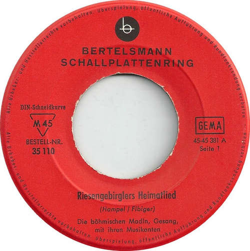 Cover Die Böhmischen Madln Mit Ihren Musikanten -  	Riesengebirglers Heimatlied / S'ist Feieromd (7, Single) Schallplatten Ankauf