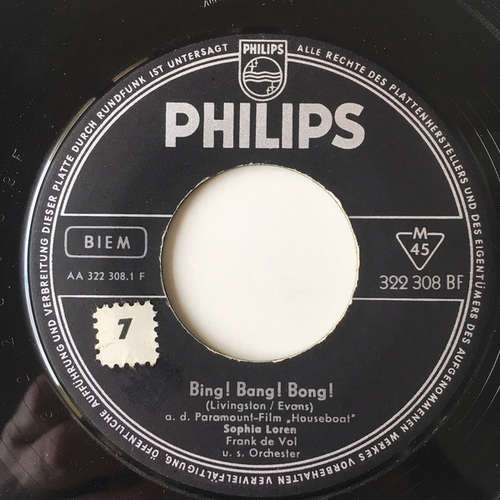 Cover Sophia Loren With Frank De Vol And His Orchestra - Bing! Bang! Bong! / Almost In Your Arms (7, Single) Schallplatten Ankauf