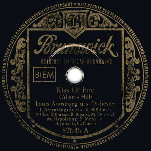 Cover Louis Armstrong U.S. Orchester* - Kiss Of Fire / I'll Walk Alone (Shellac, 10) Schallplatten Ankauf