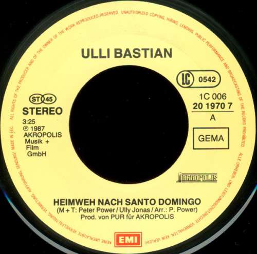 Cover Ulli Bastian - Heimweh Nach Santo Domingo / Wir Fliegen Zu Den Sternen (7, Single) Schallplatten Ankauf