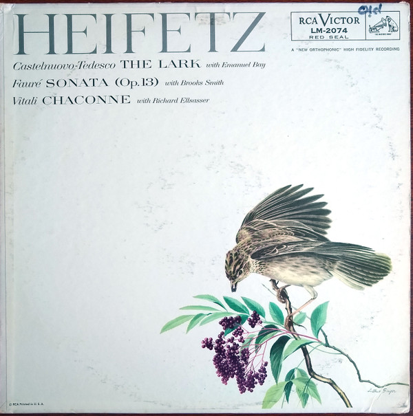 Cover Jascha Heifetz, Castelnuovo-Tedesco*, Emanuel Bay / Fauré*, Brooks Smith (2) / Vitali* - The Lark / Sonata (Op. 13) / Chaconne (LP, Mono) Schallplatten Ankauf