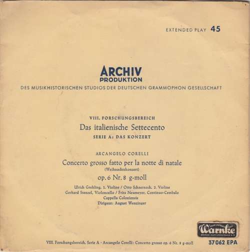 Cover Arcangelo Corelli - Concerto Grosso Fatto Per La Notte Di Natale (Weihnachtskonzert) Op. 6 Nr. 8 G-moll (7, EP, Mono) Schallplatten Ankauf