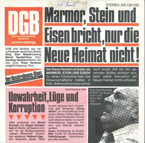 Cover DGB* - Marmor, Stein Und Eisen Bricht, Nur Die Neue Heimat Nicht (7, Single) Schallplatten Ankauf