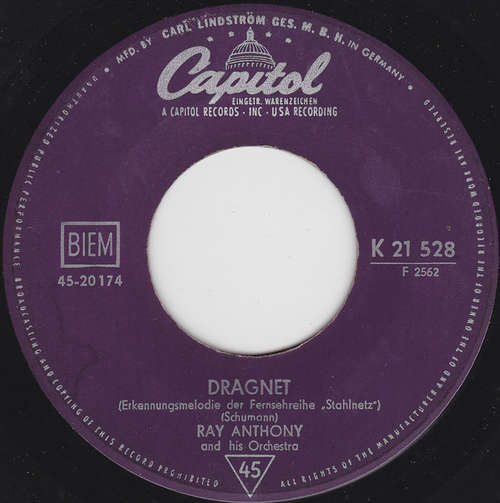 Cover Ray Anthony And His Orchestra* - Dragnet / Dancing In The Dark (7, Single) Schallplatten Ankauf