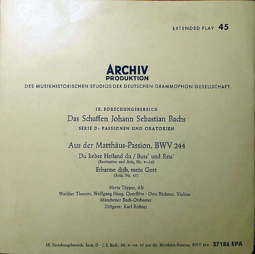 Cover Johann Sebastian Bach - Buß' Und Reu' / Erbarme Dich, Mein Gott (7, EP) Schallplatten Ankauf