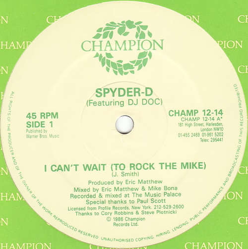 Cover Spyder-D Featuring DJ Doc - I Can't Wait (To Rock The Mike) (12) Schallplatten Ankauf