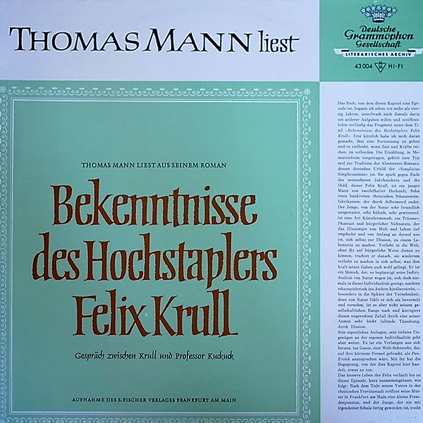 Bild Thomas Mann - Thomas Mann Liest Aus Seinem Roman Bekenntnisse Des Hochstaplers Felix Krull (LP, Mono) Schallplatten Ankauf