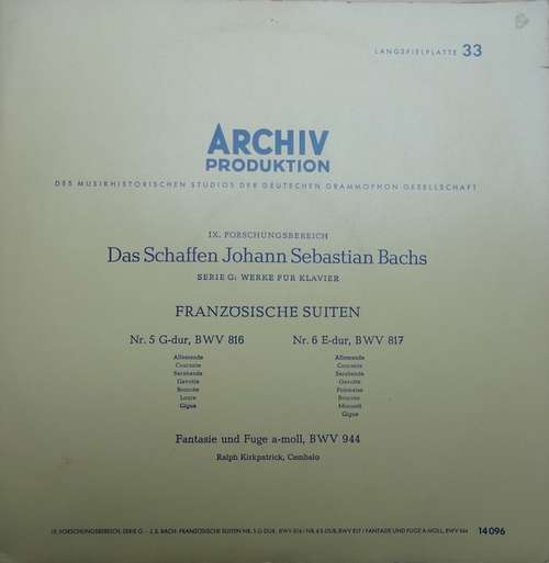 Cover Johann Sebastian Bach, Ralph Kirkpatrick - Französischen Suiten Nr. 5 G-dur, BWV 816 / Nr. 6 E-dur, BWV 817 / Fantasie und Fuge a-moll, BWV 944 (LP, Album, Mono) Schallplatten Ankauf