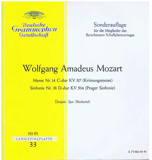Cover Wolfgang Amadeus Mozart - Messe Nr. 14 C-Dur KV 317 (Krönungsmesse) Sinfonie Nr. 38 D-Dur KV 504 (Prager Sinfonie) (LP) Schallplatten Ankauf