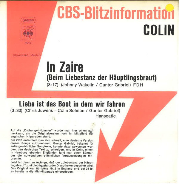 Cover Colin* - In Zaire (Beim Liebestanz Der Häuptlingsbraut) (7, Single, Promo) Schallplatten Ankauf