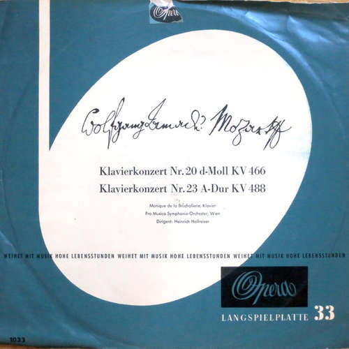 Cover W. A. Mozart*, Monique de la Bruchollerie, Pro Musica Symphonie-Orchester, Wien*, Heinrich Hollreiser - Klavierkonzert Nr. 20 D-moll KV 466 - Klavierkonzert Nr. 23 A-dur KV 488 (LP, Mono, Club) Schallplatten Ankauf