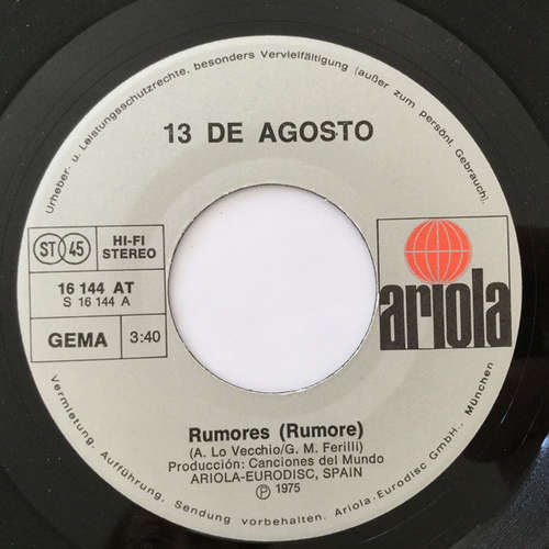 Cover 13 De Agosto - Rumores (Rumore) / Cada Manana (7, Single) Schallplatten Ankauf