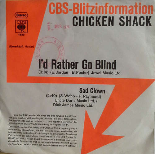 Cover Chicken Shack - I'd Rather Go Blind (7, Promo) Schallplatten Ankauf