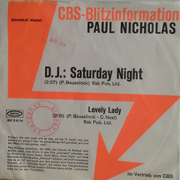 Bild Paul Nicholas - D.J.: Saturday Night (7, Single, Promo) Schallplatten Ankauf